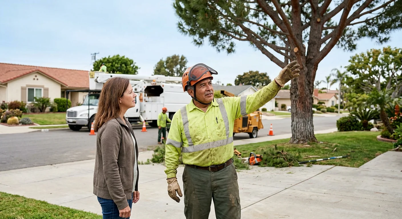 Arborist making a precise pruning cut on a residential shade tree in Oxnard
