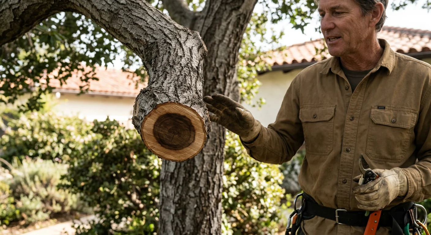 Close-up of a clean pruning cut sealing at the branch collar on a mature tree