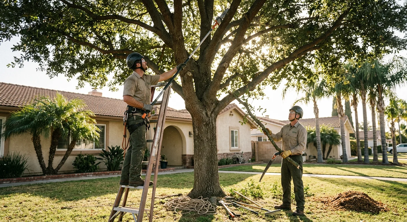 Wide shot of a thinned canopy letting light through in an Oxnard backyard