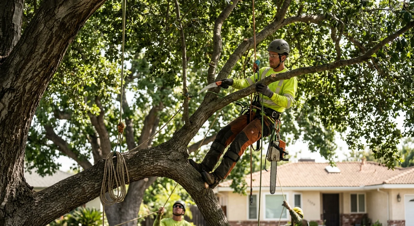 Arborist climbing with ropes to reach upper limbs during a pruning job