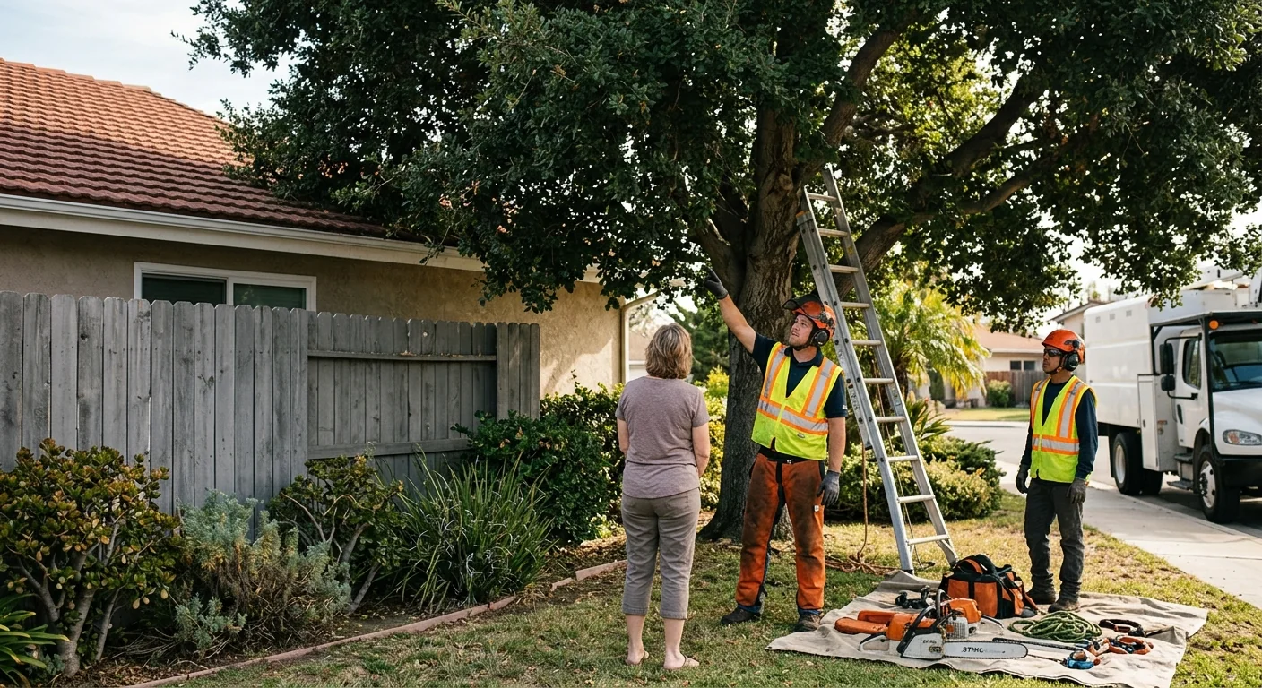 Overgrown tree crown before pruning near a residential rooftop and fence line