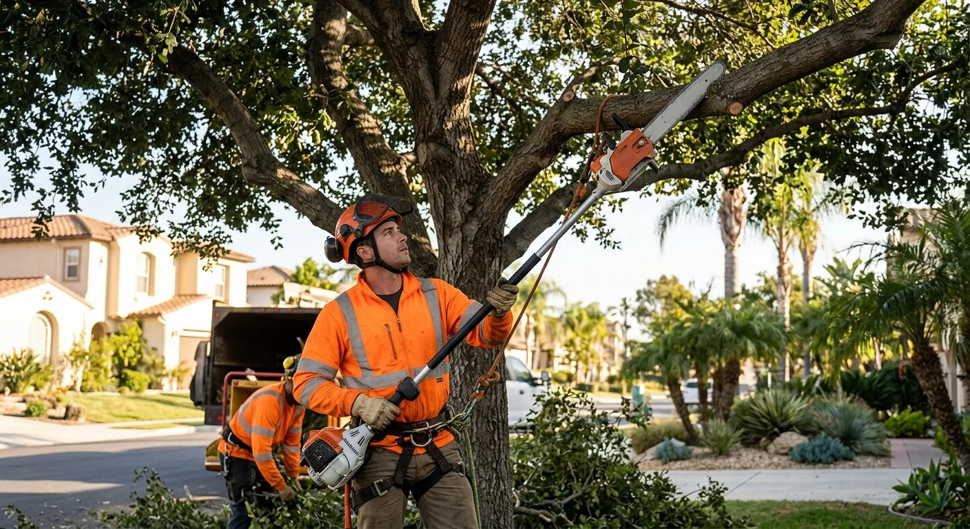 Crew member using a pole saw to reduce weight on an overextended limb