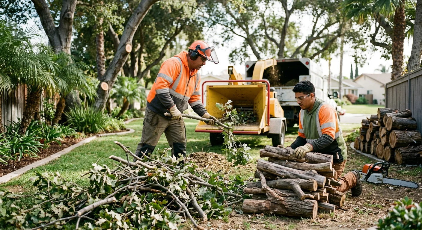 Deadwood and cut branches stacked and cleared from a tidy pruned yard