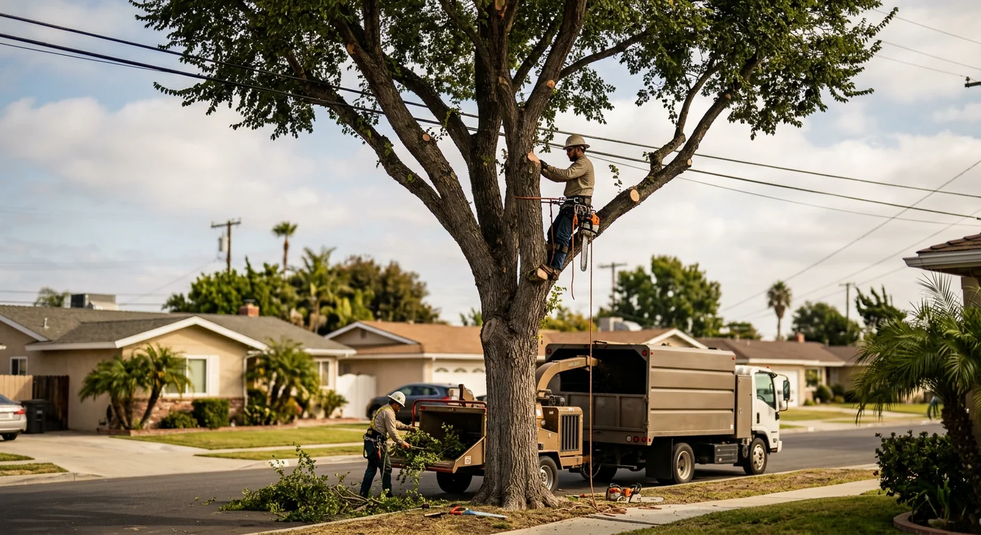 Mature street-side tree shaped away from power lines after careful crown reduction