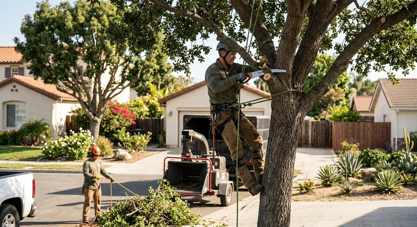 Tree pruning crew reviewing a finished canopy with an Oxnard homeowner after service