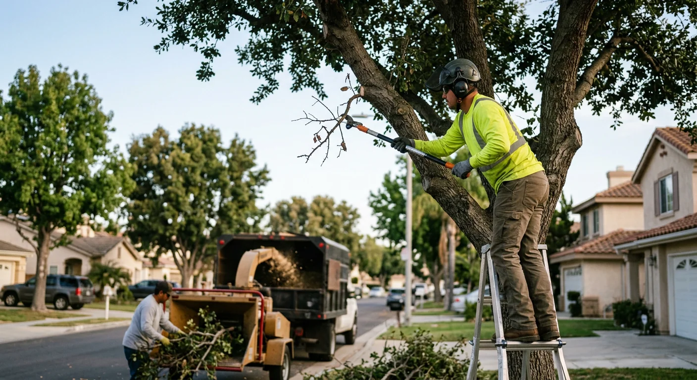 Arborist reviewing a tall tree beside an Oxnard home before removal