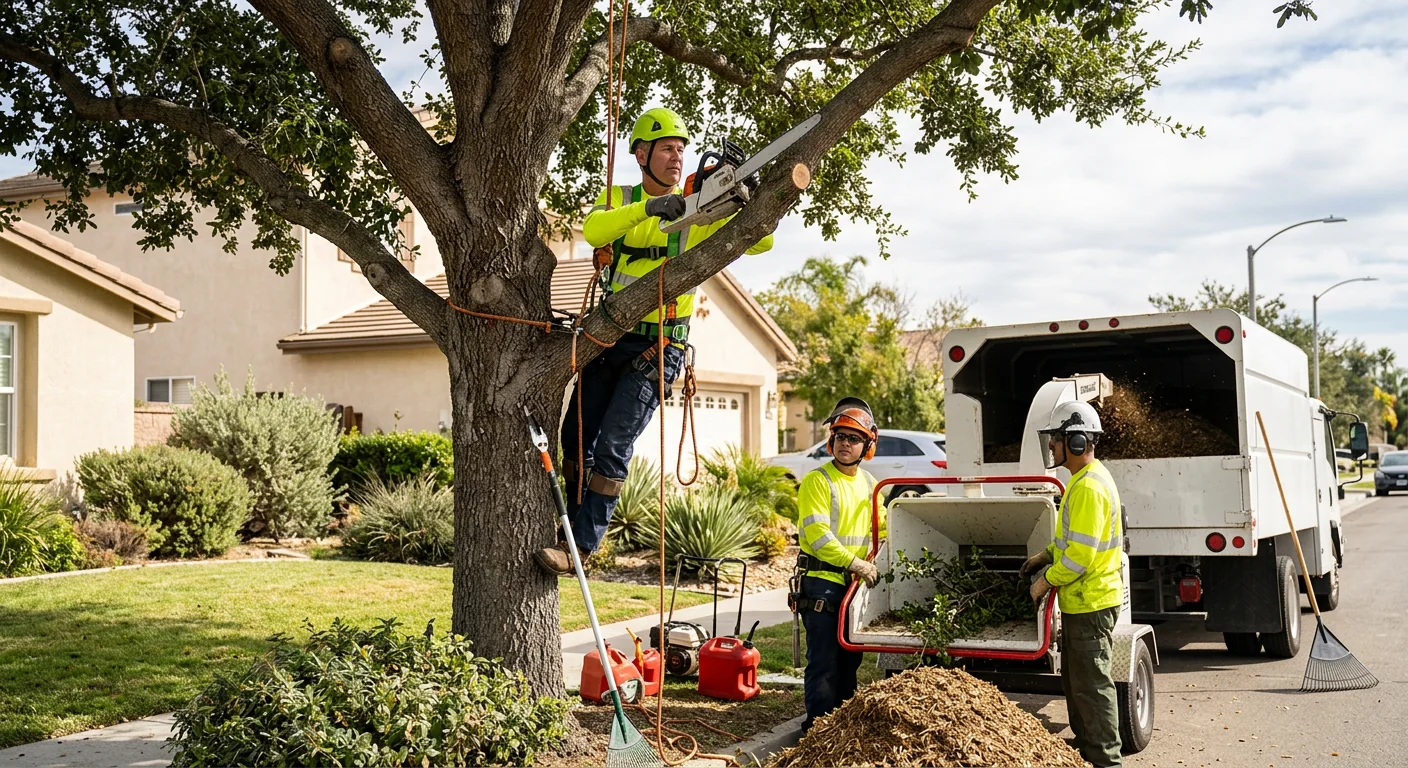 Tree removal crew safely lowering a large trunk in an Oxnard backyard