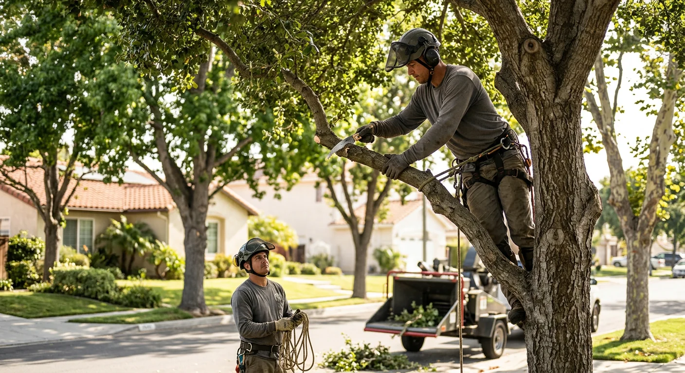 Arborist safely lowering a large tree section during residential removal work