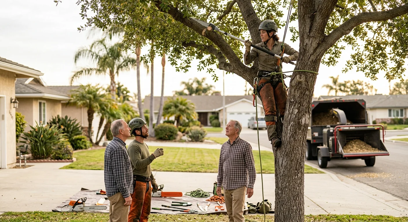 Arborist performing sectional tree removal near a home on an Oxnard residential lot