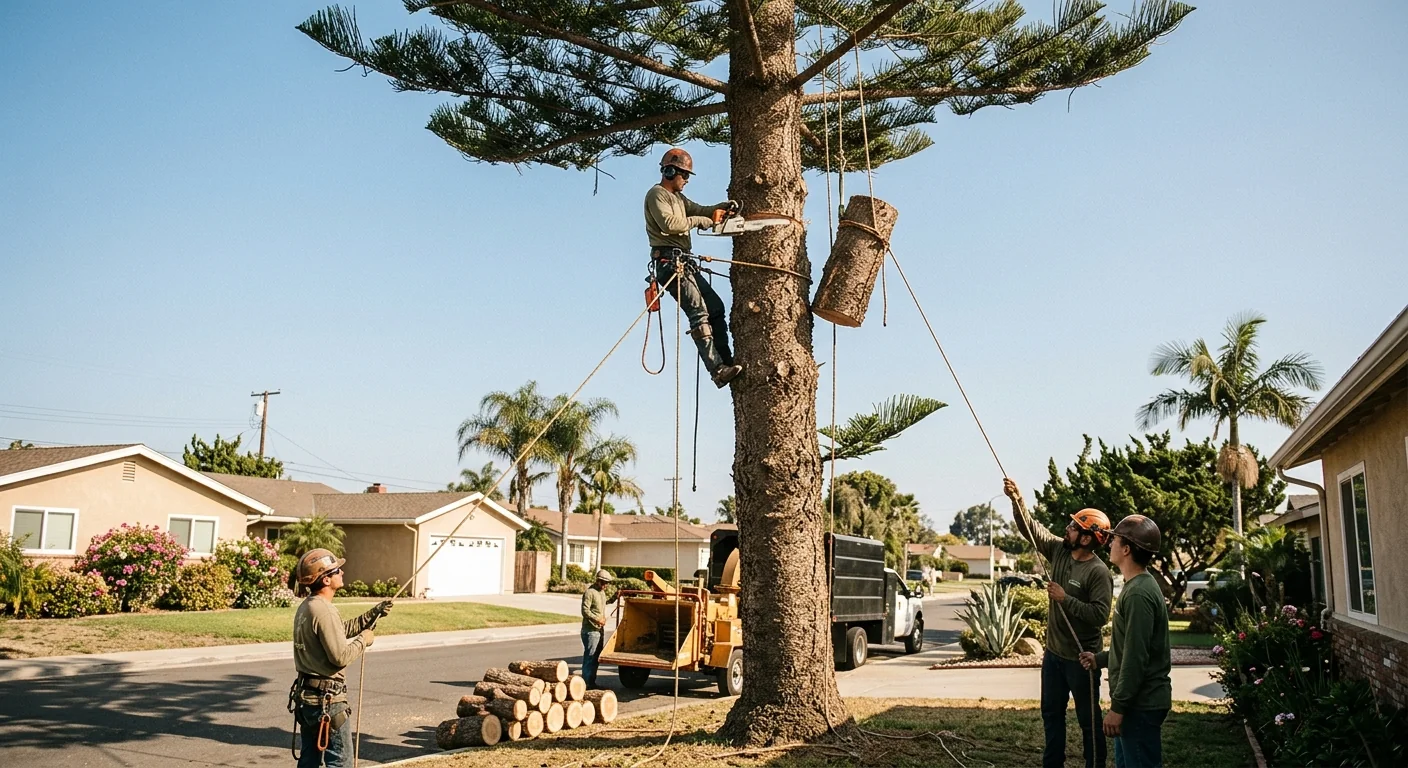 Wide shot of a tall pine being sectioned by rope on a residential lot