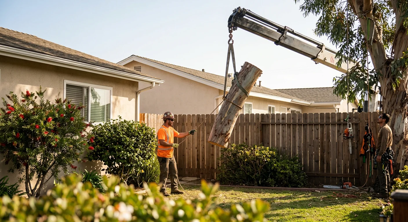 Crane lowering a heavy trunk section over an Oxnard backyard fence