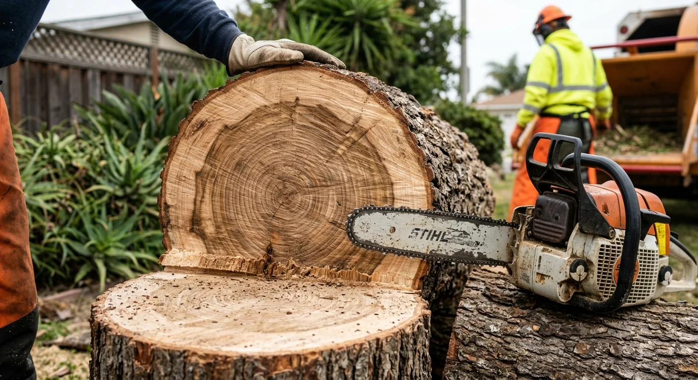 Close-up of a fresh chainsaw cut on a removed hardwood trunk