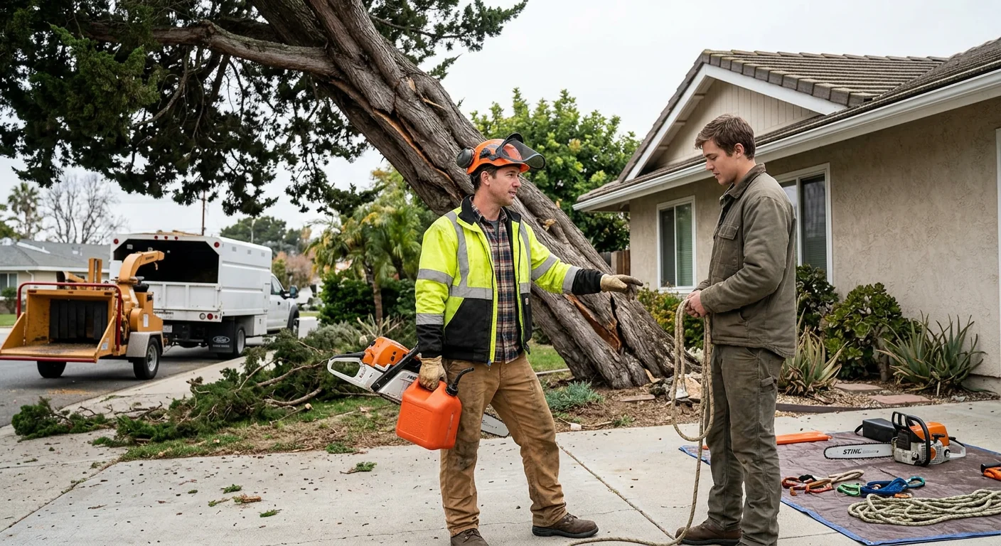 Storm-damaged leaning tree beside a home before removal work begins