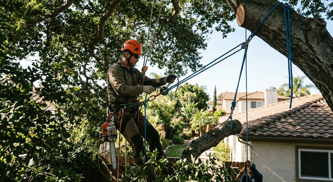 Arborist rigging ropes high in a canopy for controlled dismantling