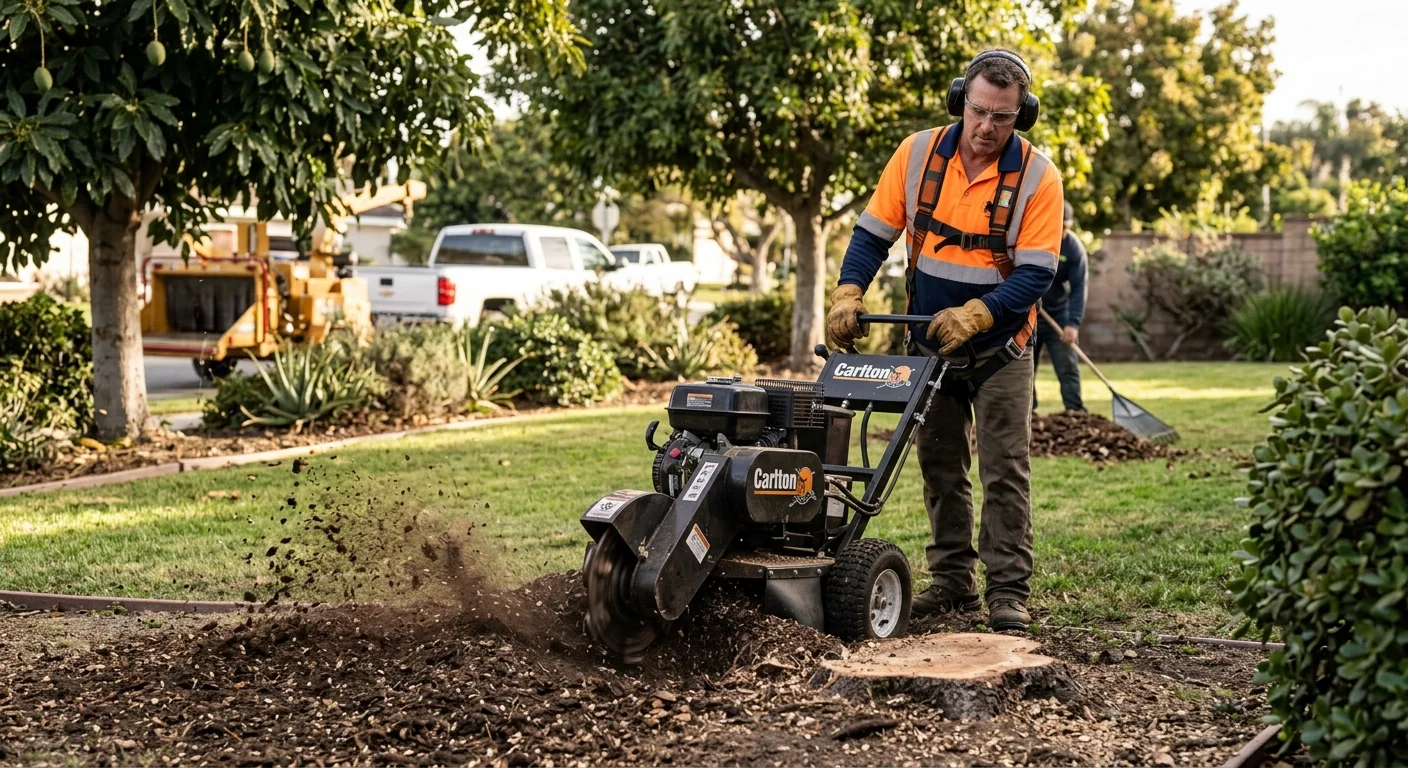 Stump grinder clearing a cut trunk to ground level in a yard