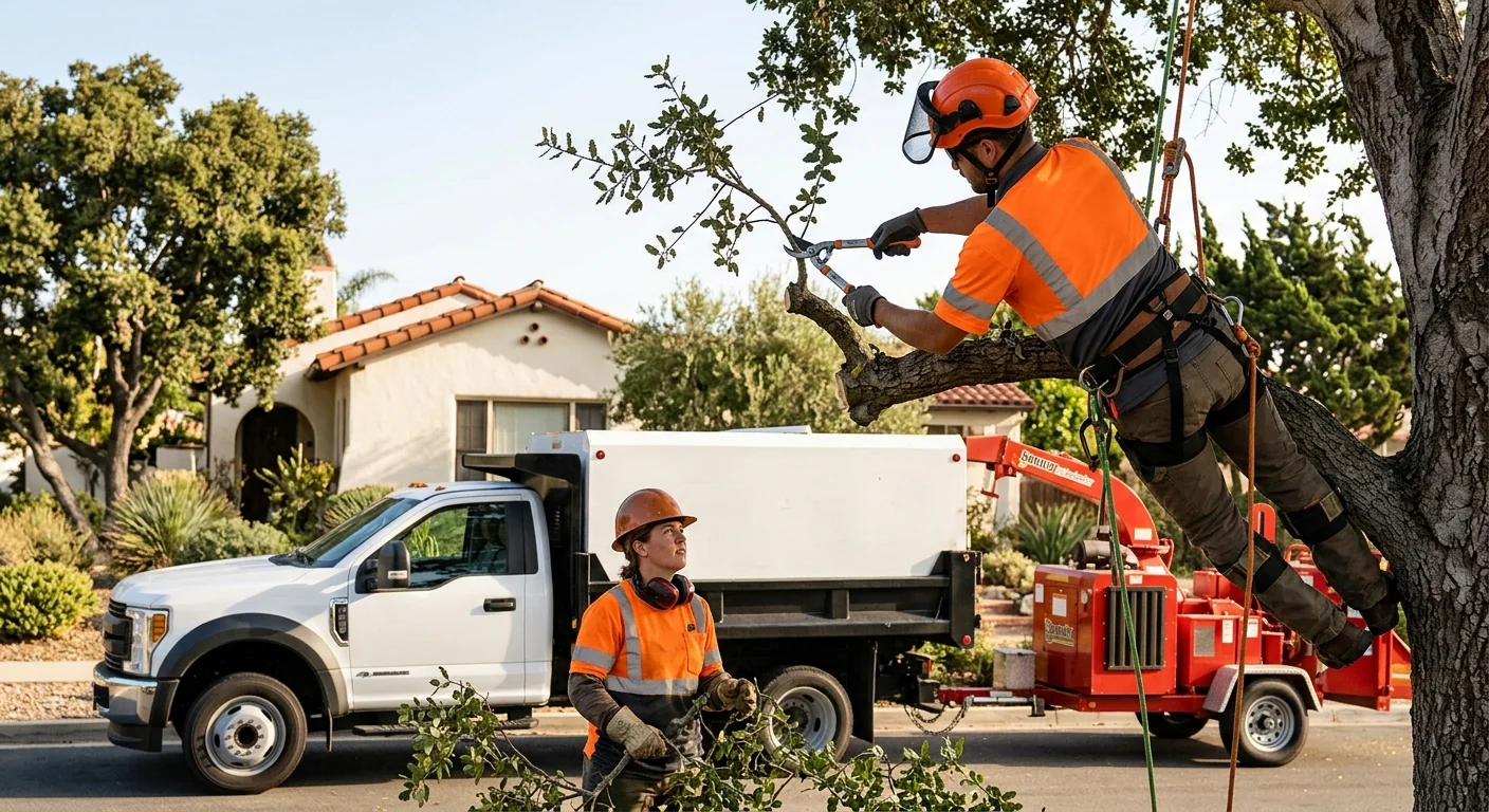 Tree crew reviewing a completed removal site with a homeowner during a post-job walkthrough in Oxnard