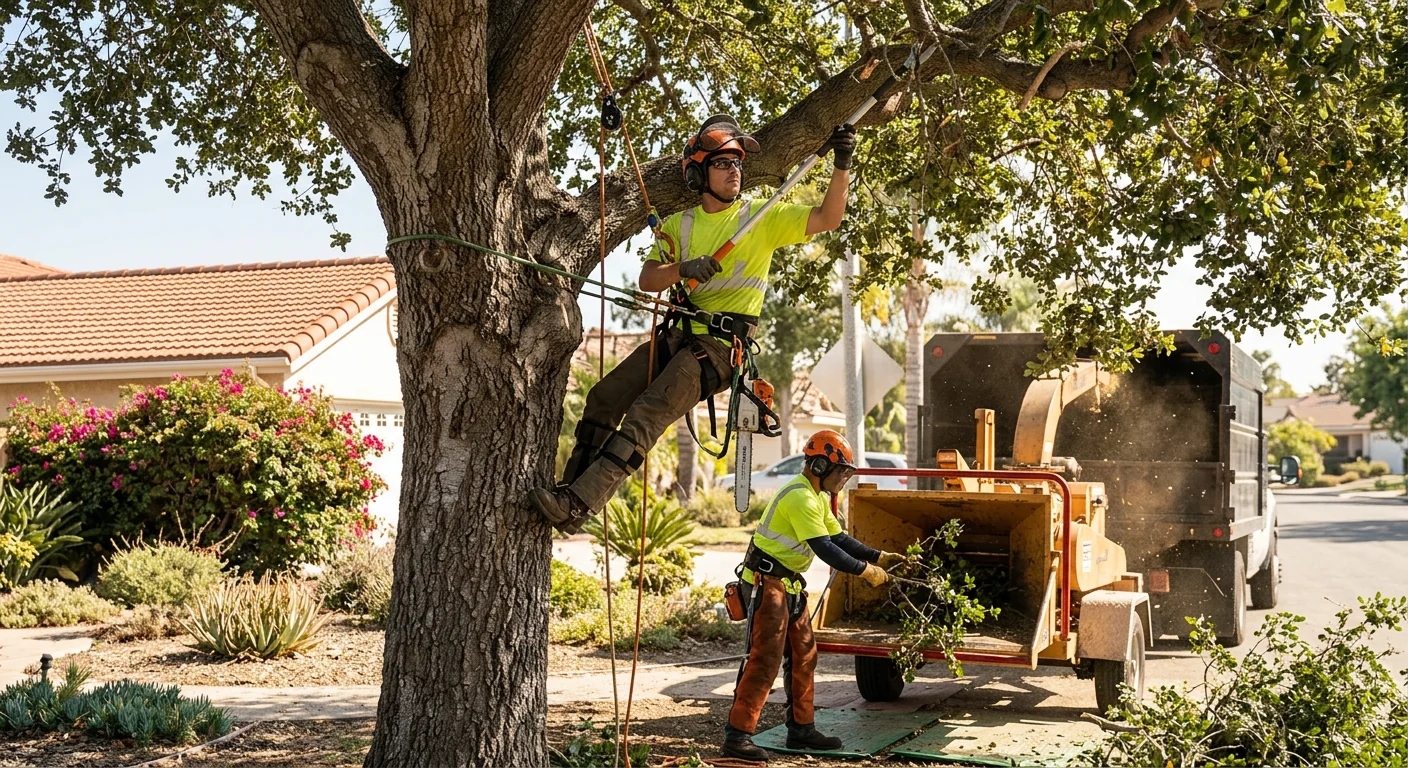 Arborist inspecting a mature tree trunk during a risk assessment in an Oxnard yard