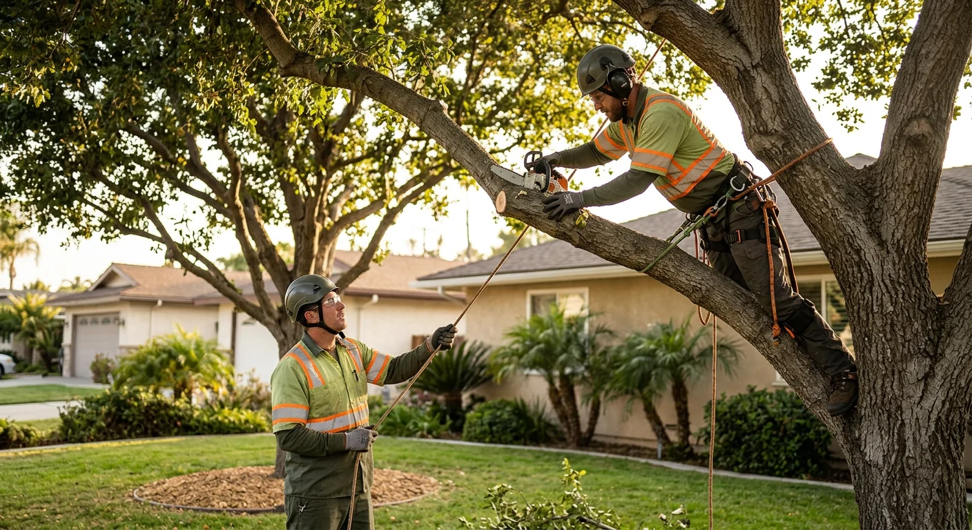 Arborist inspecting a mature backyard tree during a risk assessment in Oxnard