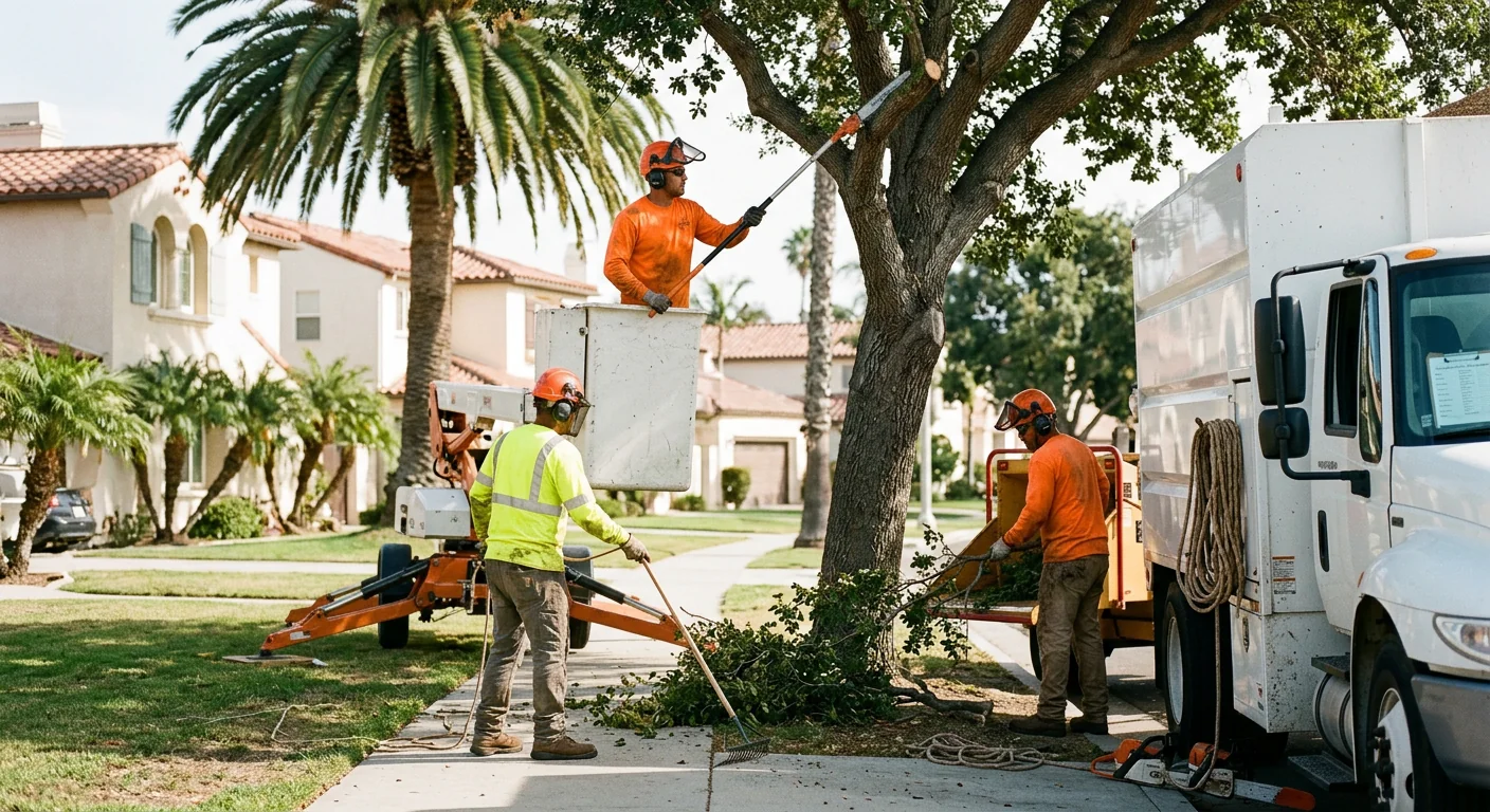 Arborist inspecting a mature backyard tree during a risk assessment in Oxnard