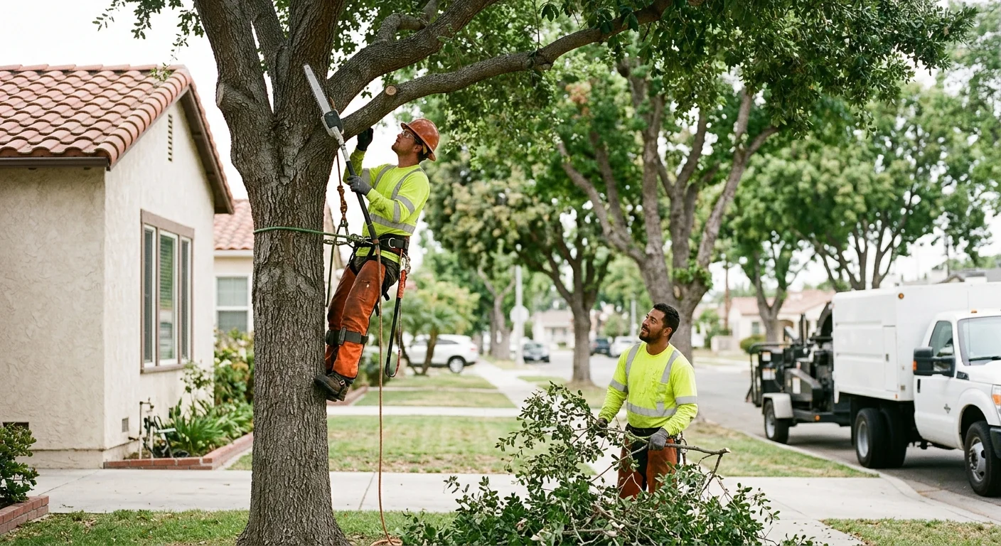 Arborist inspecting a mature tree trunk during a risk assessment on an Oxnard property