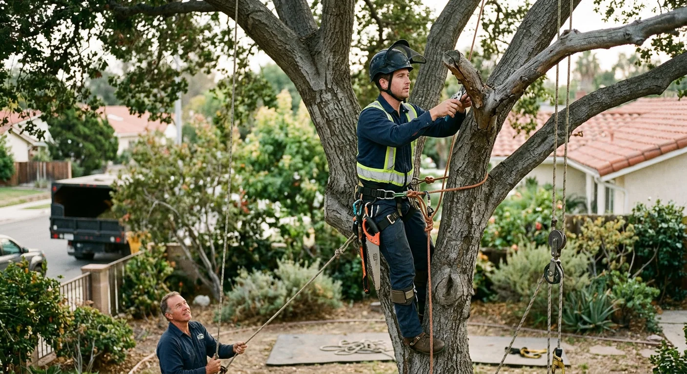 Arborist examining canopy deadwood on a mature oak in an Oxnard backyard