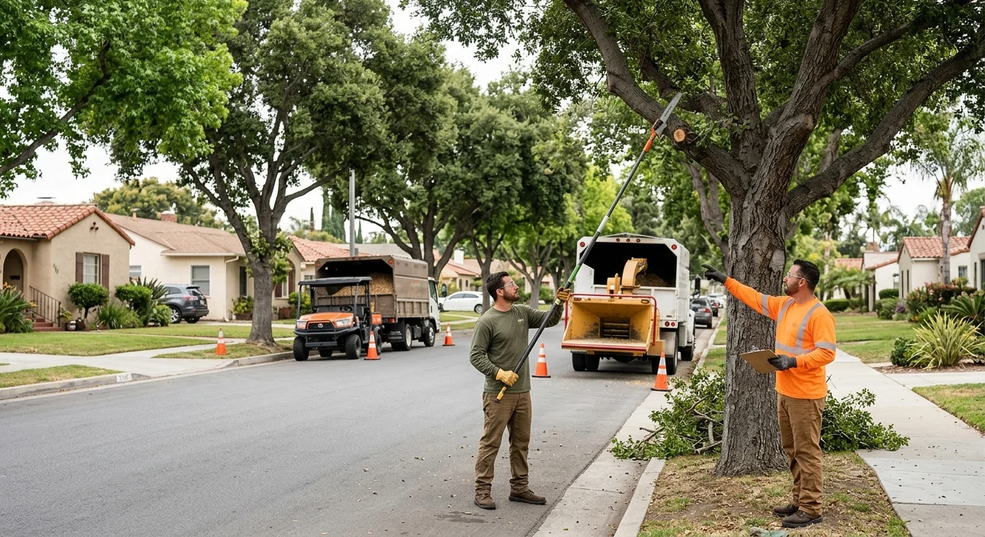Wide view of tree-lined residential street being assessed in Oxnard