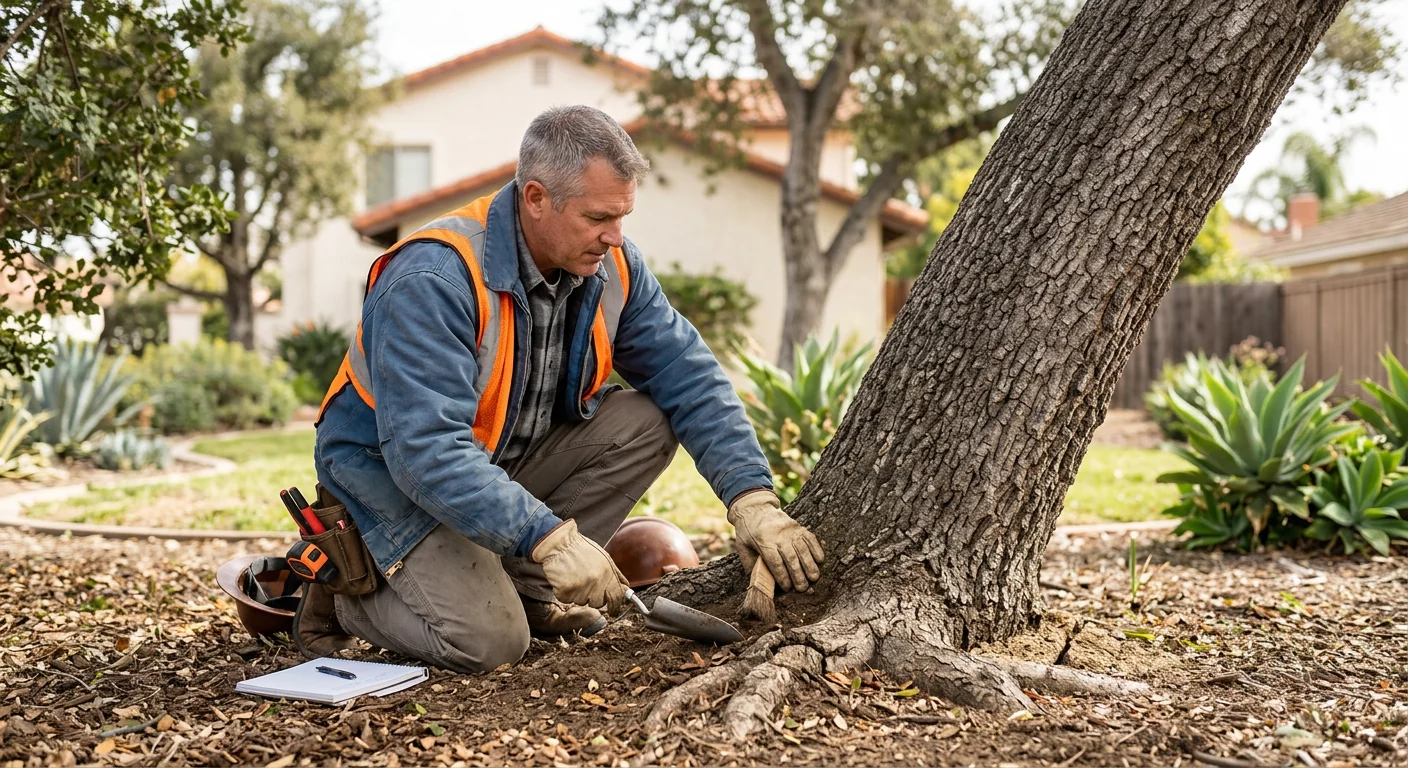 Inspector checking root flare and soil heave at the base of a leaning tree
