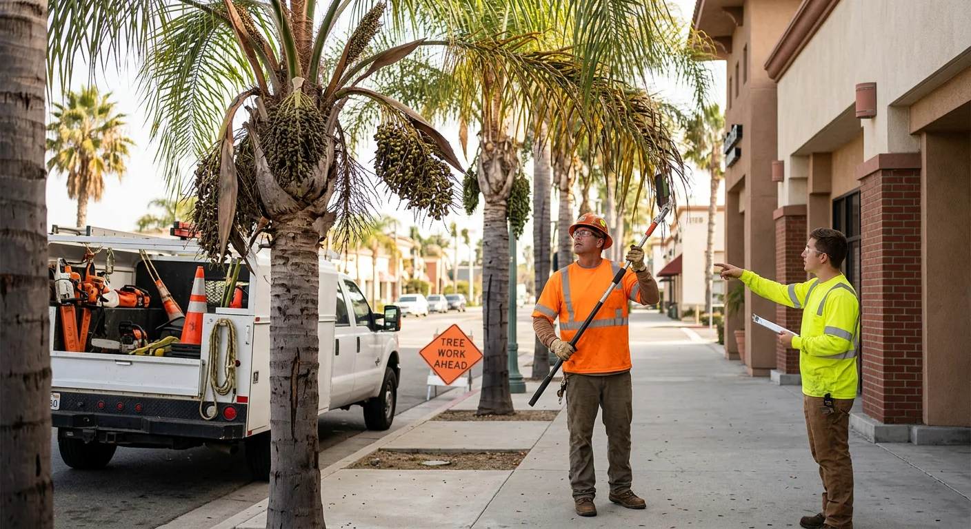 Aging palms along a commercial frontage under professional risk evaluation