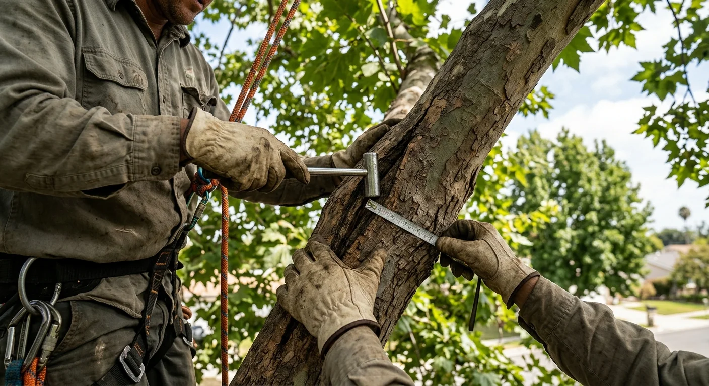 Hands measuring a weak branch union with included bark on a large limb