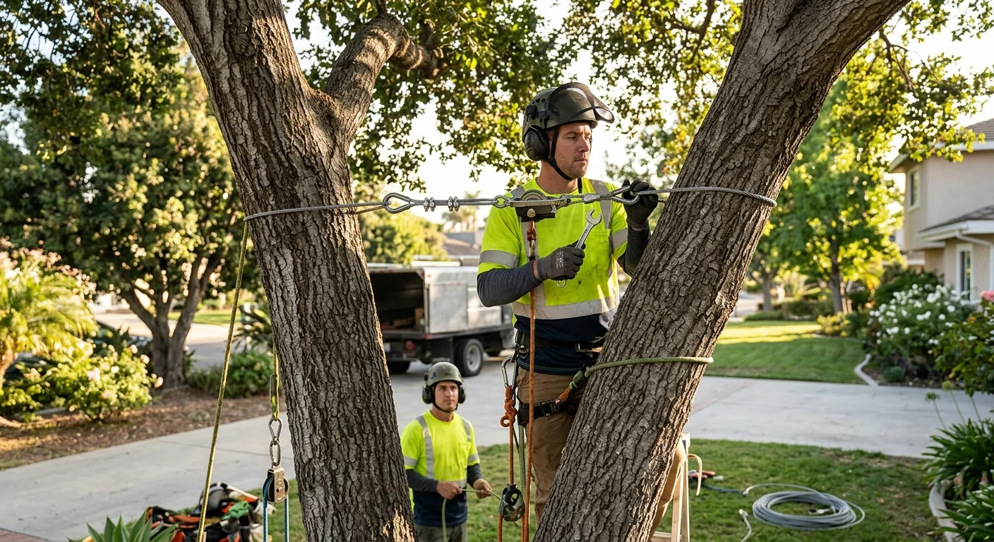 Cabling installed between two trunks to support a healthy mature tree