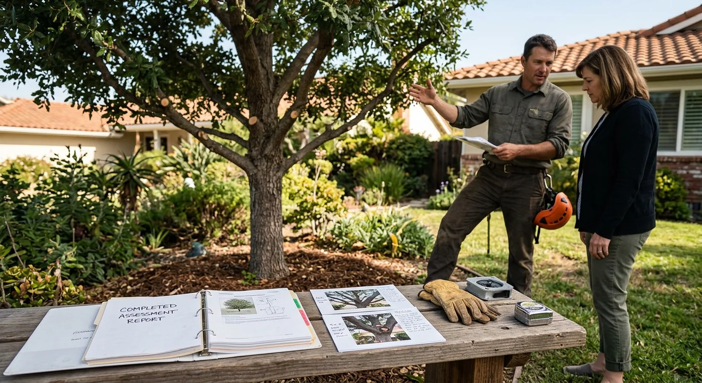 Completed assessment report and photos laid out beside a healthy pruned tree