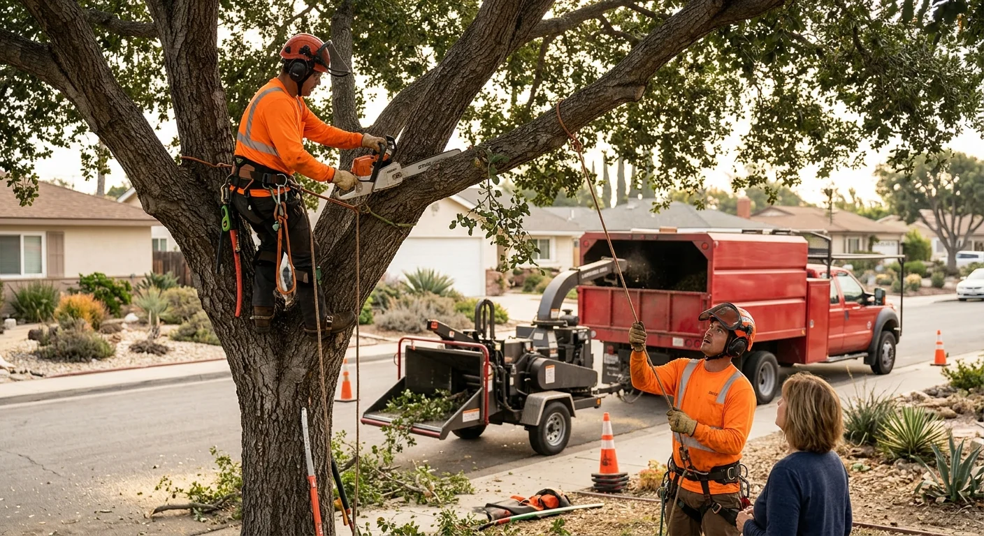 Tree service specialist reviewing an assessment report with an Oxnard homeowner beside a mature tree