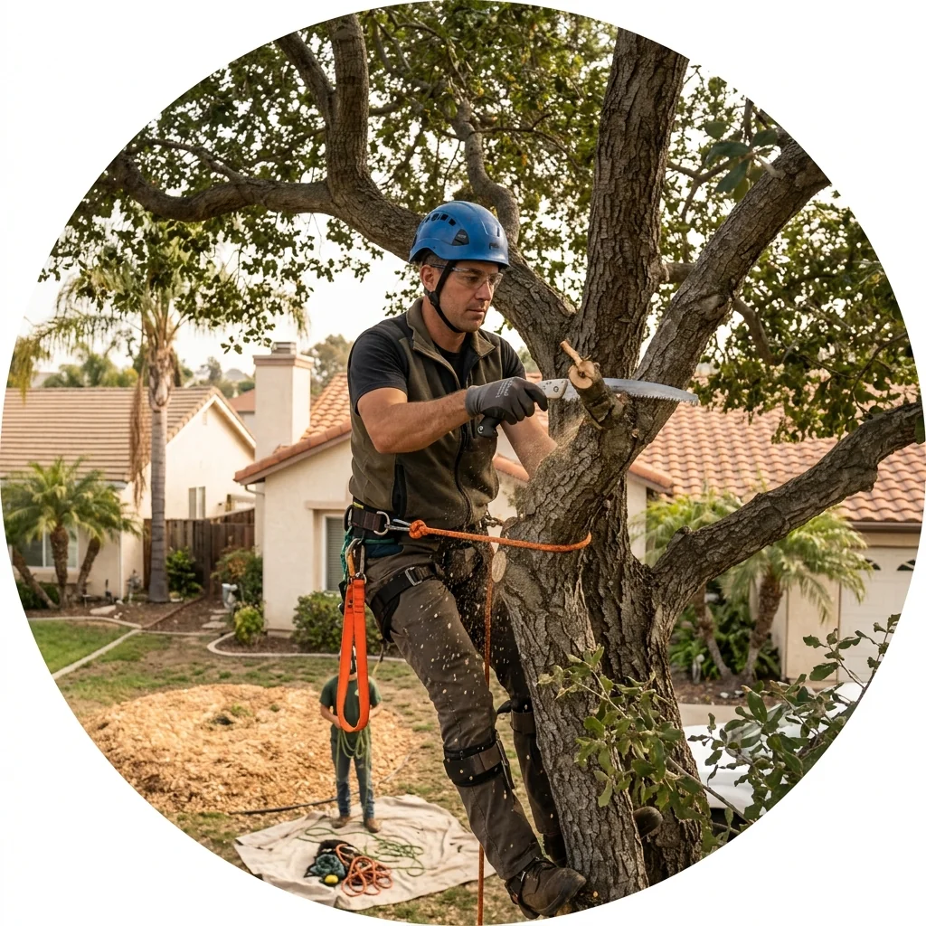 Arborist inspecting tree health during a routine Oxnard visit