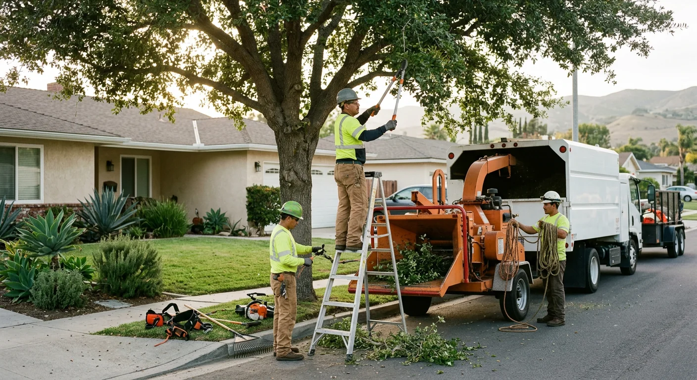 Tree care crew pruning a mature canopy on an Oxnard property