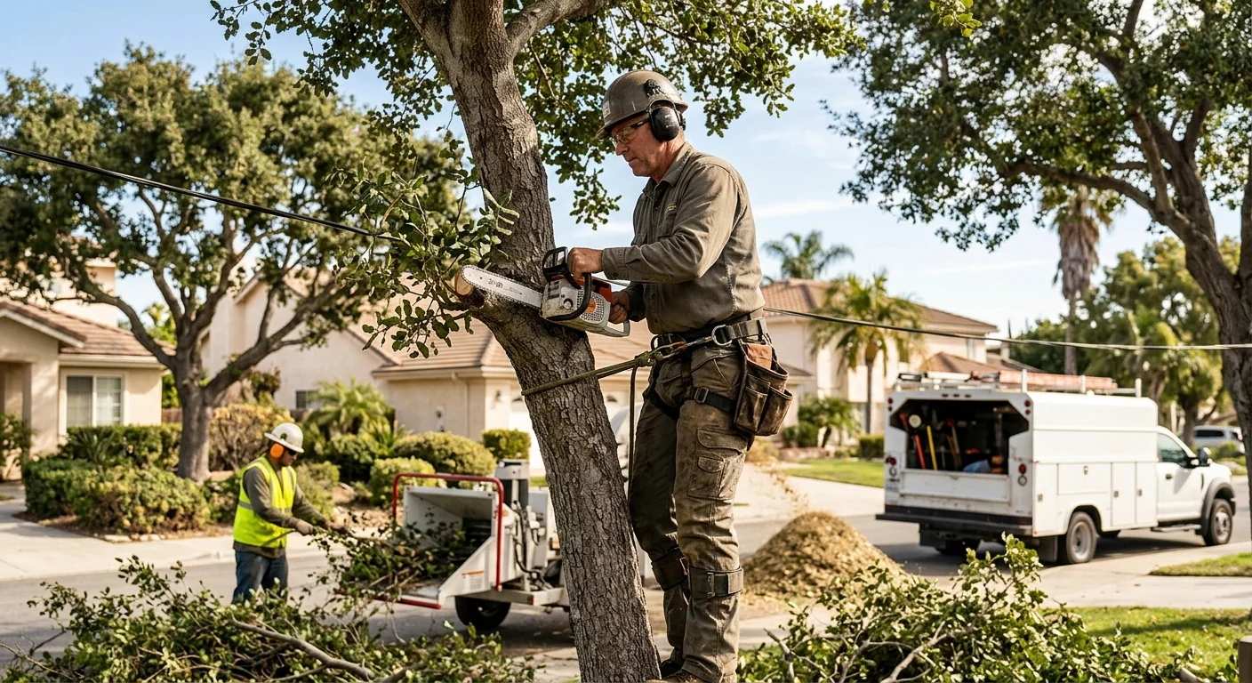 Workers clearing storm-damaged branches from a residential yard