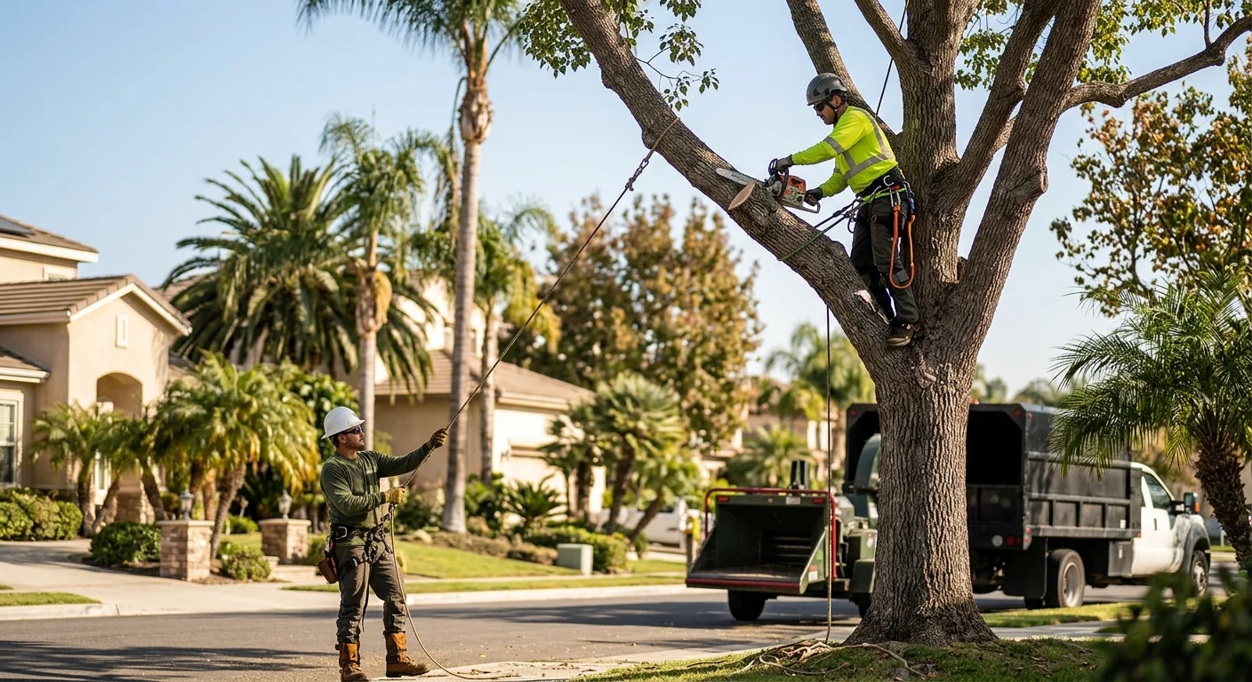 Arborist trimming an overgrown canopy above an Oxnard property