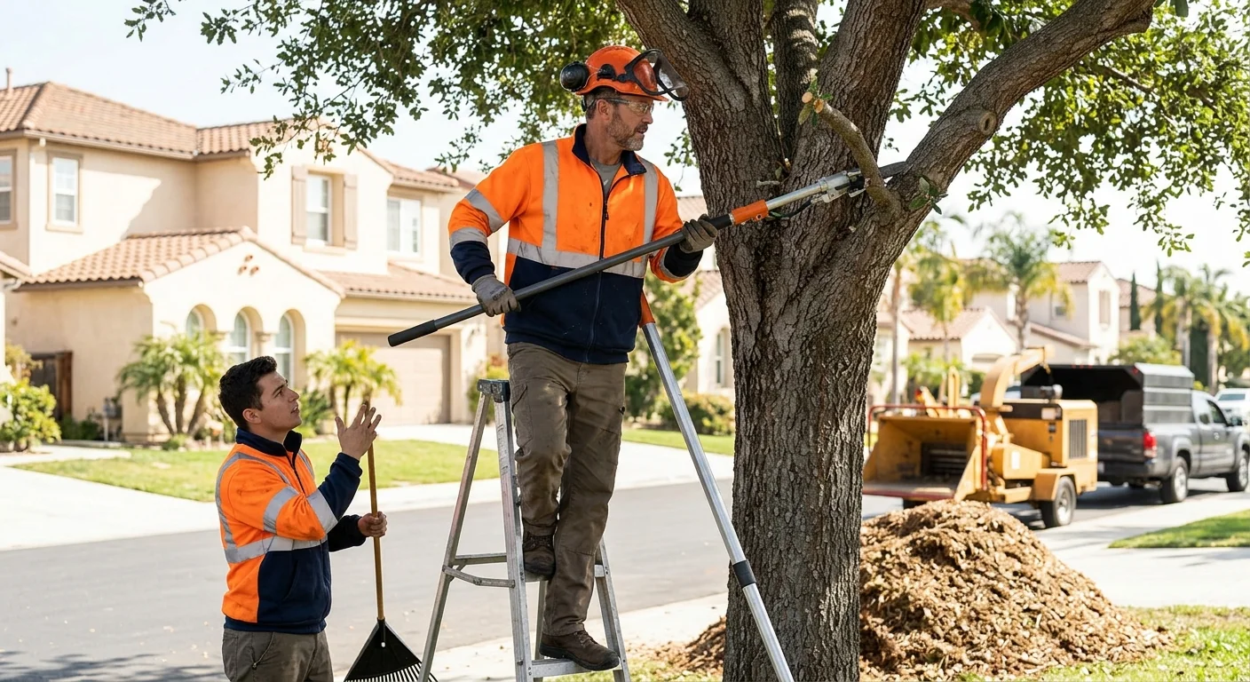 Tree care crew reviewing a written estimate with a homeowner in an Oxnard yard