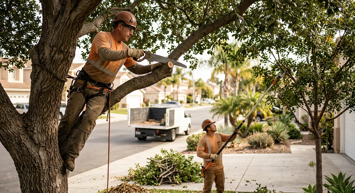 Arborist reviewing a written tree service estimate beside a mature yard tree