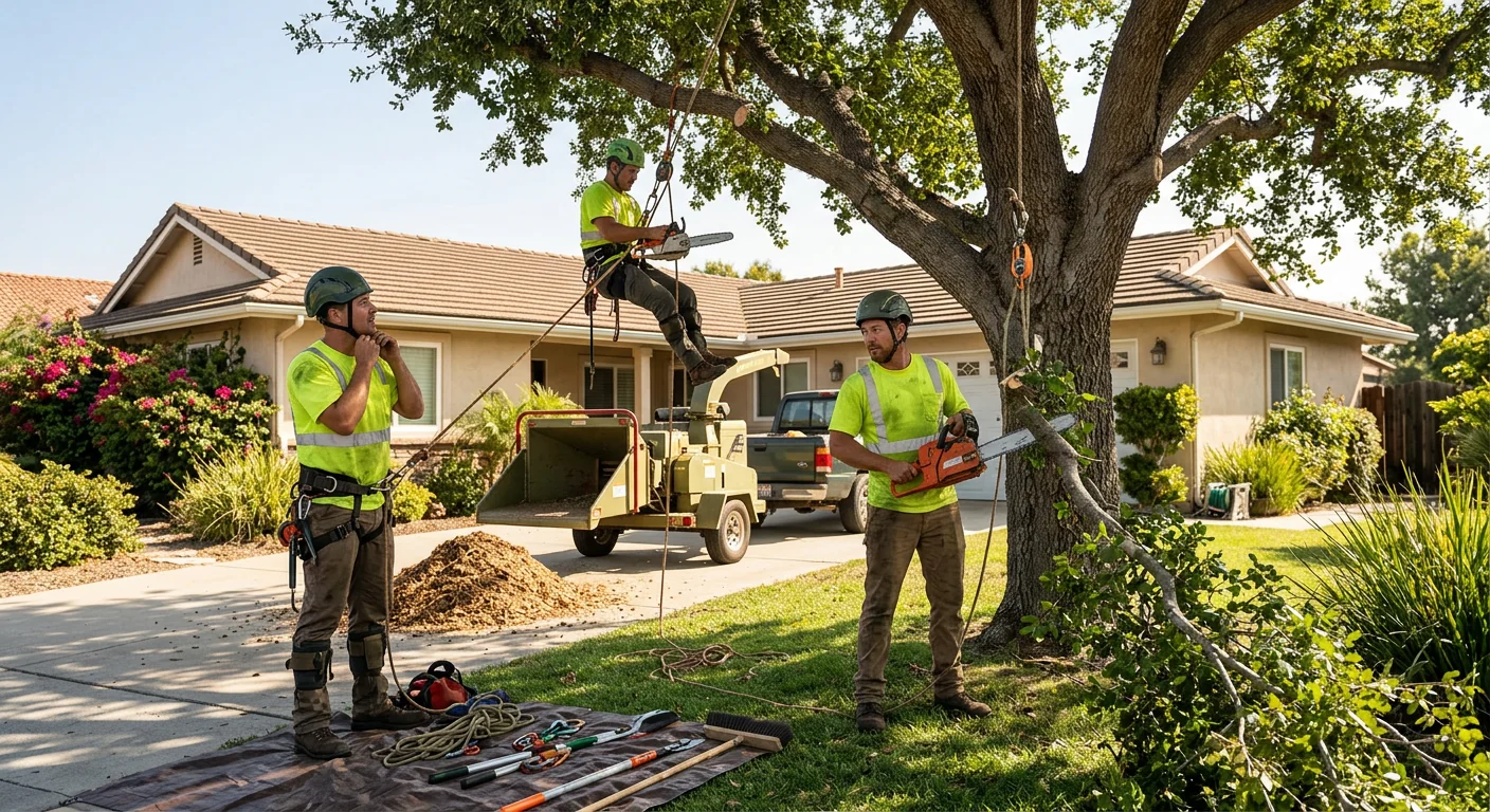 Tree care crew reviewing a maintenance plan with an Oxnard homeowner in the yard