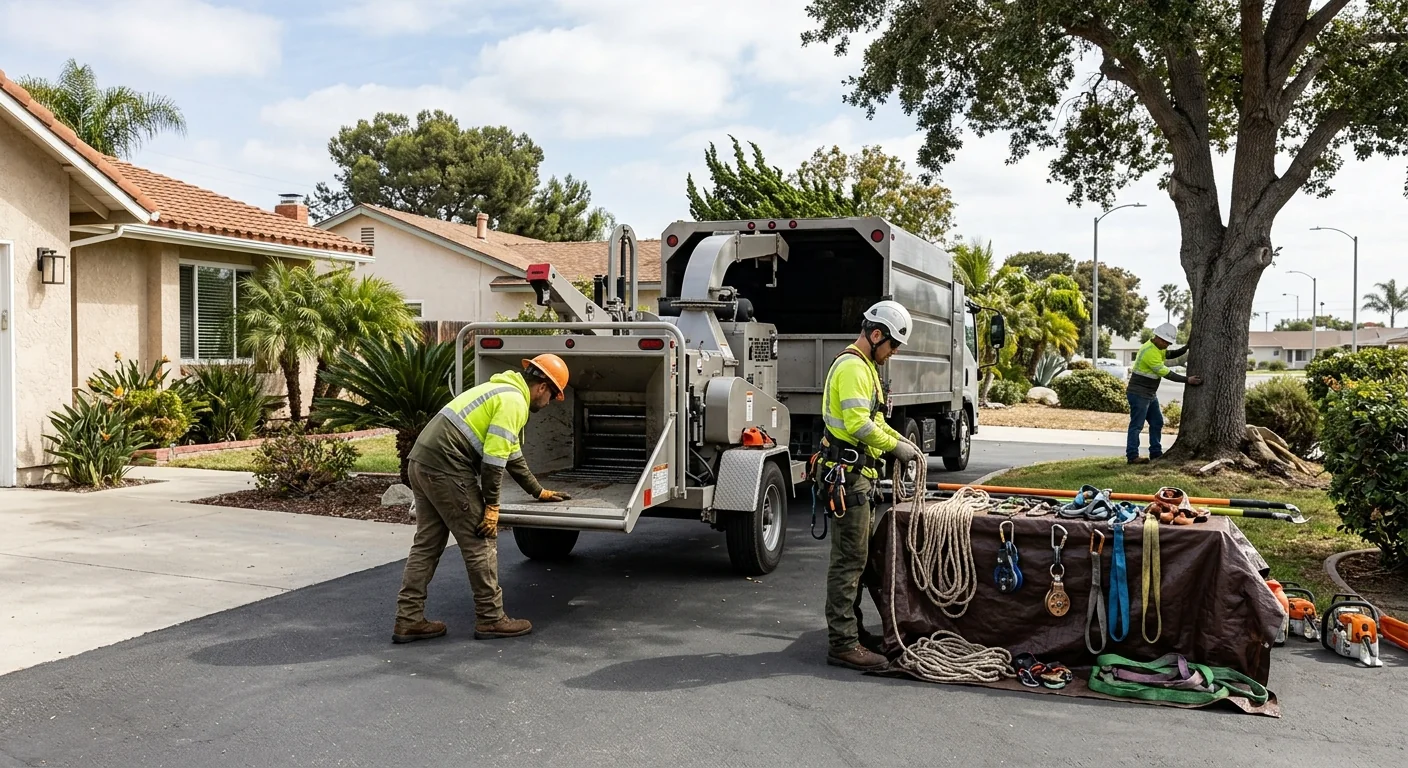 Tree crew staging chippers and rigging gear on an Oxnard residential lot