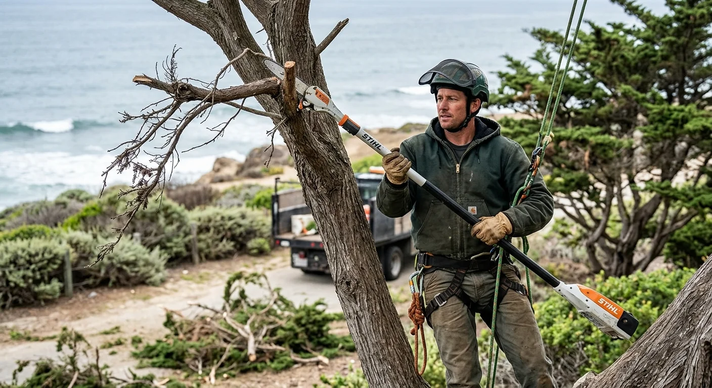 Climber pruning a wind-stressed canopy near the Oxnard coastline