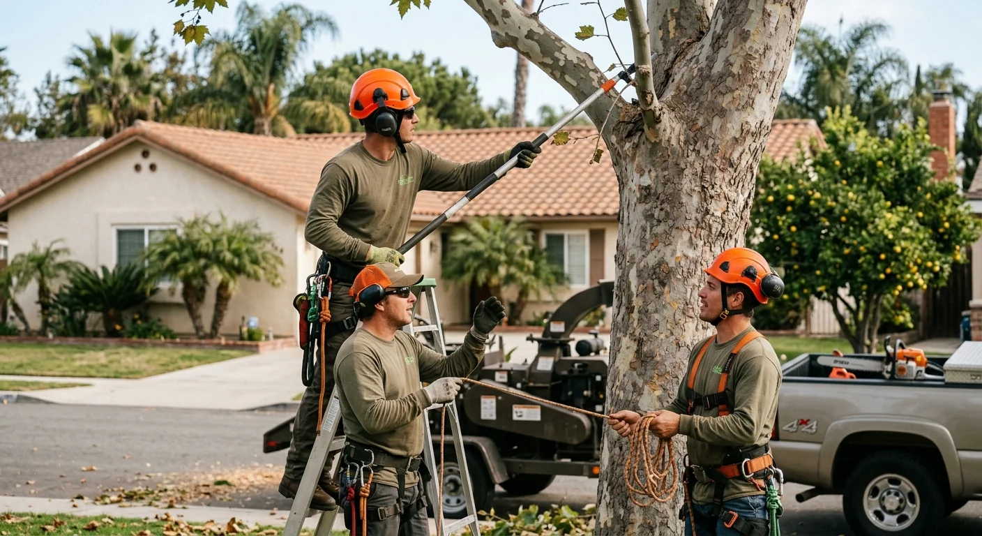 Tree care specialist reviewing an estimate with an Oxnard homeowner in the yard