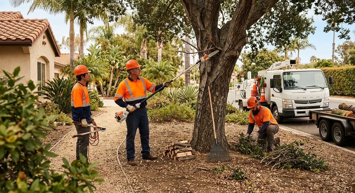 Family tree care crew answering homeowner questions during an Oxnard property visit