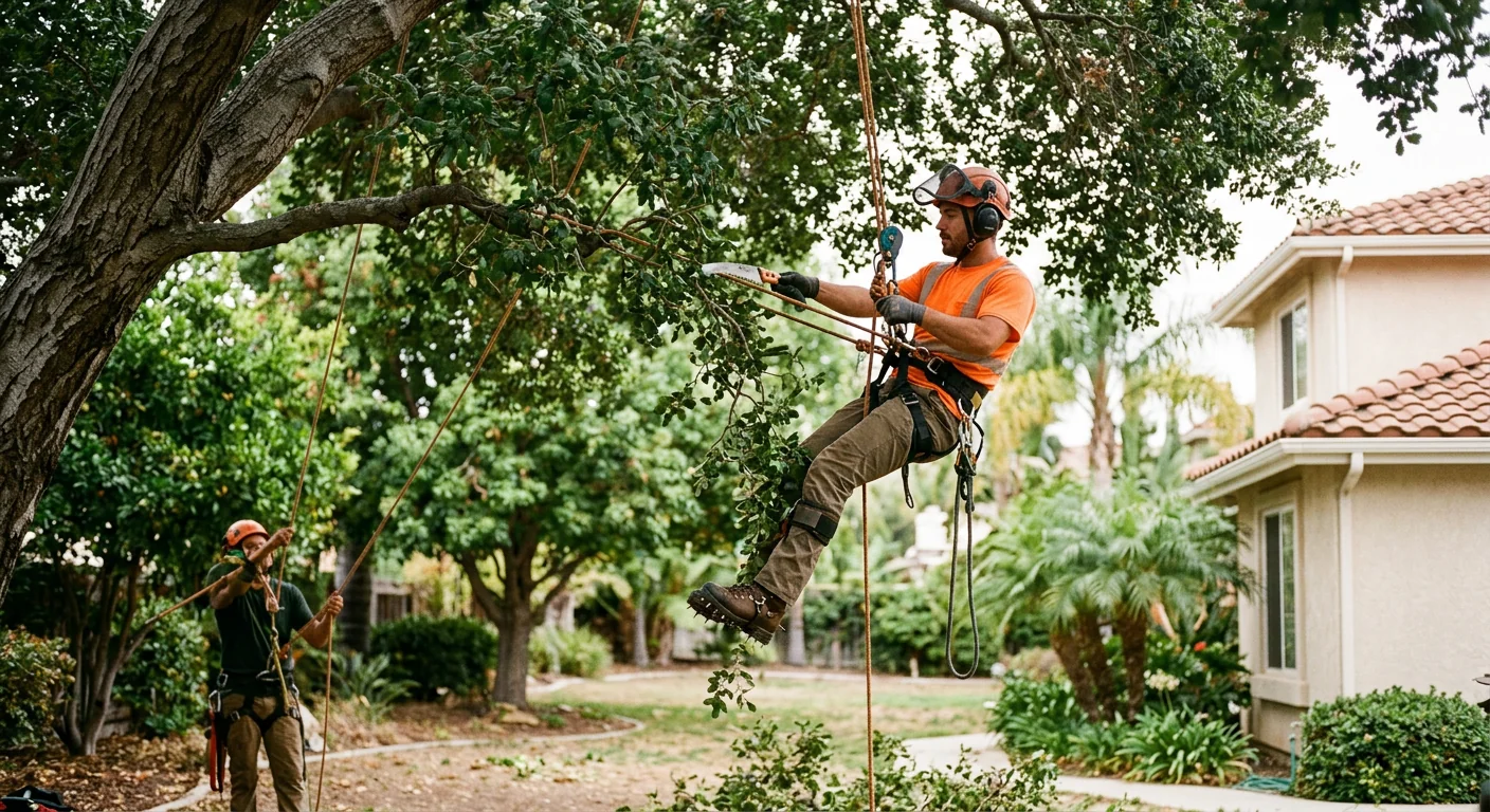 Arborist using ropes to thin a tall canopy in an Oxnard backyard