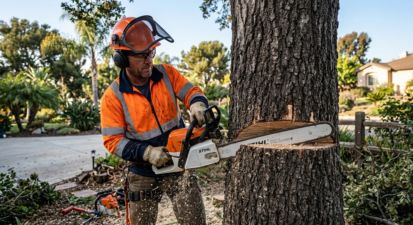 Close-up of a chainsaw making a precise felling cut on a thick trunk