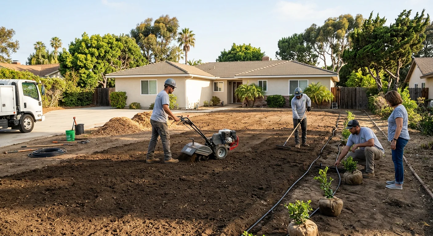 Wide view of a cleared residential lot ready for new planting in Oxnard