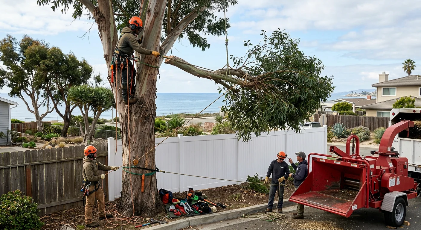 Crew rigging heavy limbs down over a fenced coastal property
