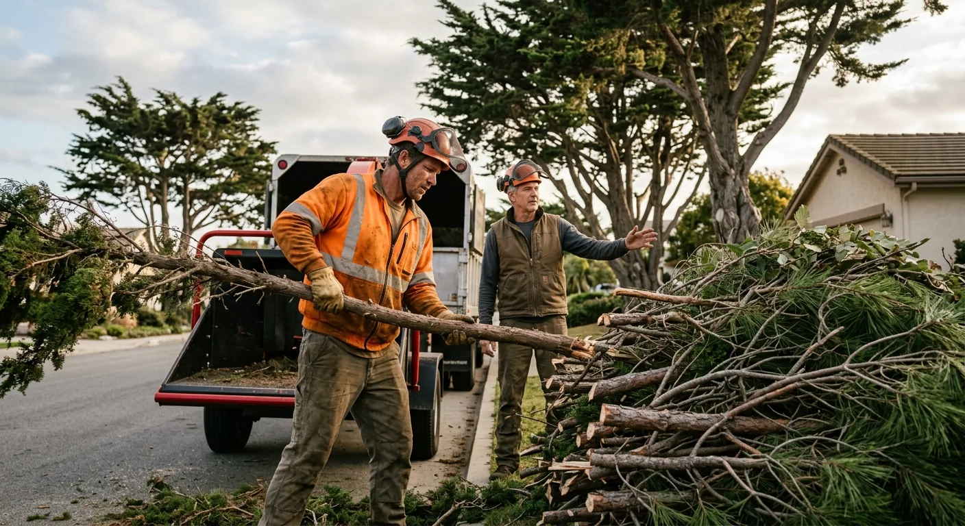 Storm-damaged branches piled neatly for cleanup after coastal winds