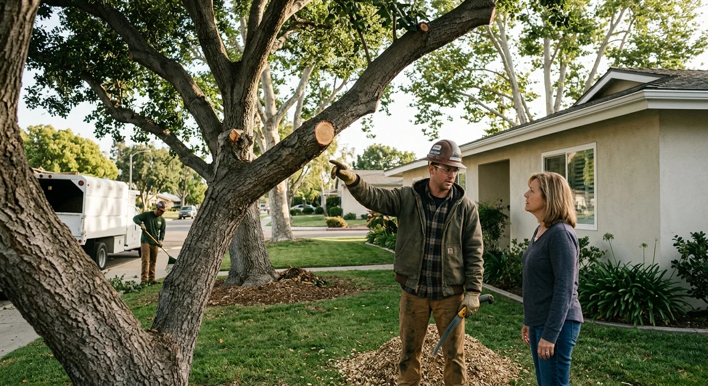 Freshly pruned shade trees framing a tidy residential front yard