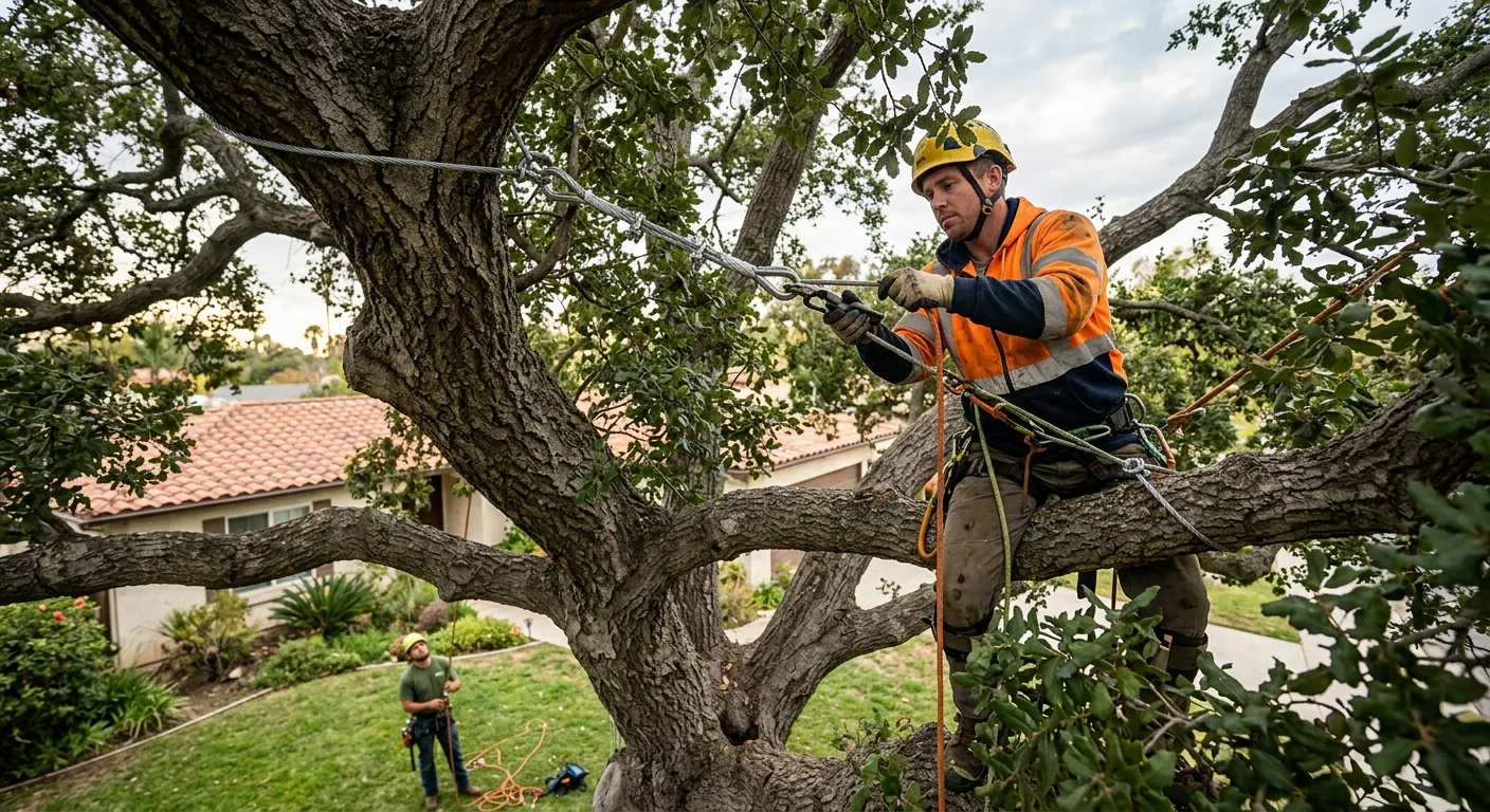 Steel cabling installed high in a mature oak to support its structure